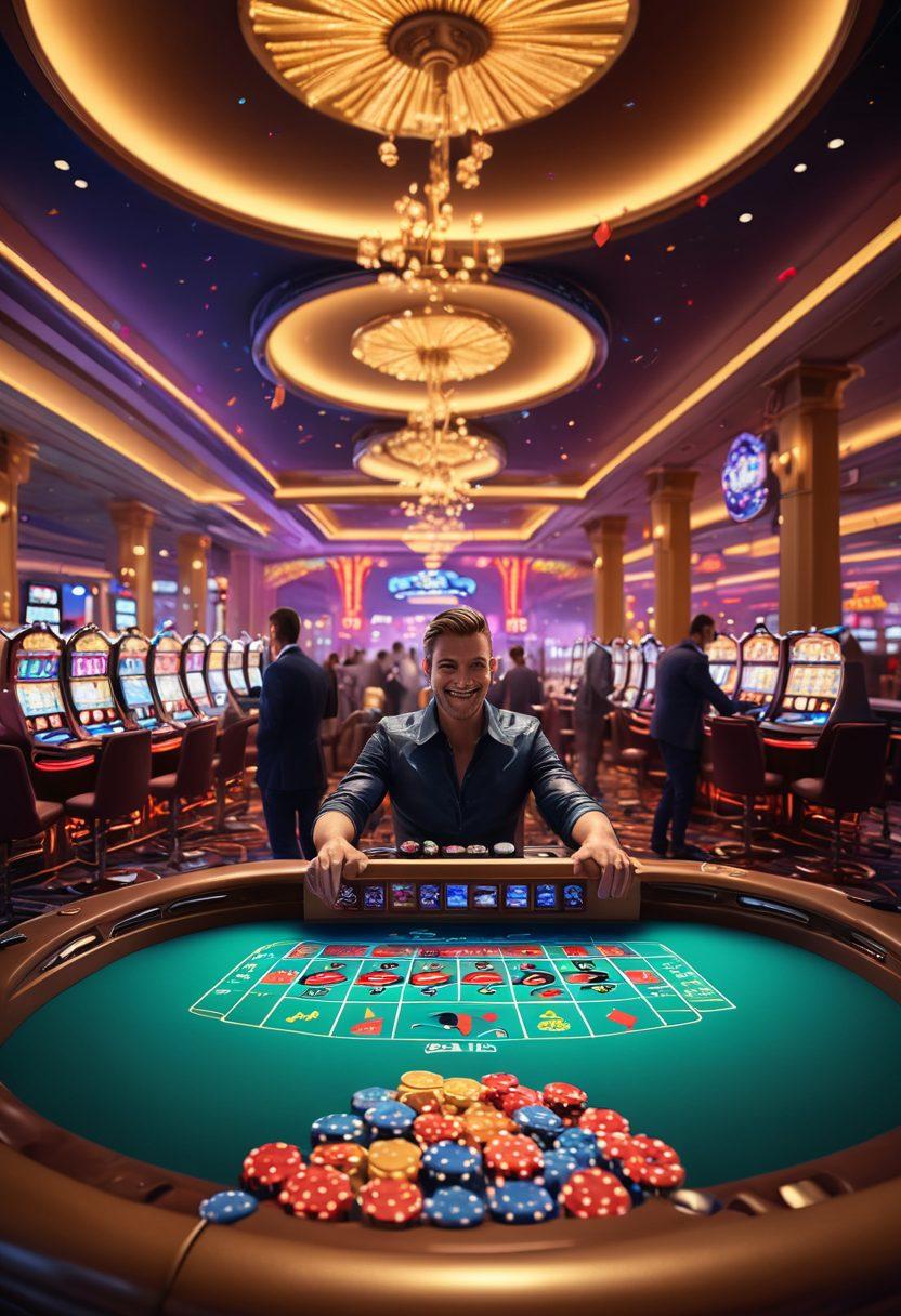 A vibrant casino scene filled with excited players at a poker table, vibrant slot machines with bright lights, and a roulette wheel spinning. Include elements of extreme gaming like virtual reality headsets and immersive digital landscapes in the background. Capture the overall feeling of joy and thrill in the atmosphere, with confetti falling lightly and cheerful expressions on players' faces. A dynamic color palette and a high-energy vibe should dominate the image. super-realistic. vibrant colors. 3D.