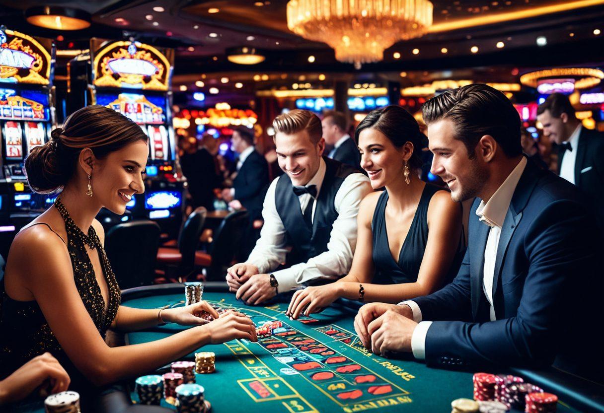 A vibrant casino scene showcasing a diverse group of players joyfully engaging with slot machines, while a live dealer conducts a game at a lavish poker table in the background. The atmosphere should be electric, filled with neon lights, celebratory confetti, and expressions of excitement on players' faces. Include high-stakes gaming elements like a large jackpot display and colorful chips scattered around. super-realistic. vibrant colors. cinematic atmosphere.