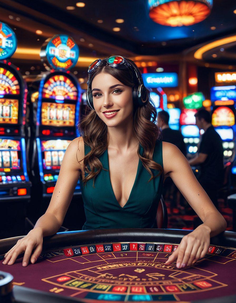 A dynamic and colorful casino scene filled with excited players at a roulette table and slot machines, vibrant neon lights illuminating the atmosphere. Include elements of extreme gaming such as virtual reality headsets and immersive game setups. The background should feature a dazzling array of gaming icons like dice and cards flying around, creating a sense of thrill and excitement. super-realistic. vibrant colors. 3D.